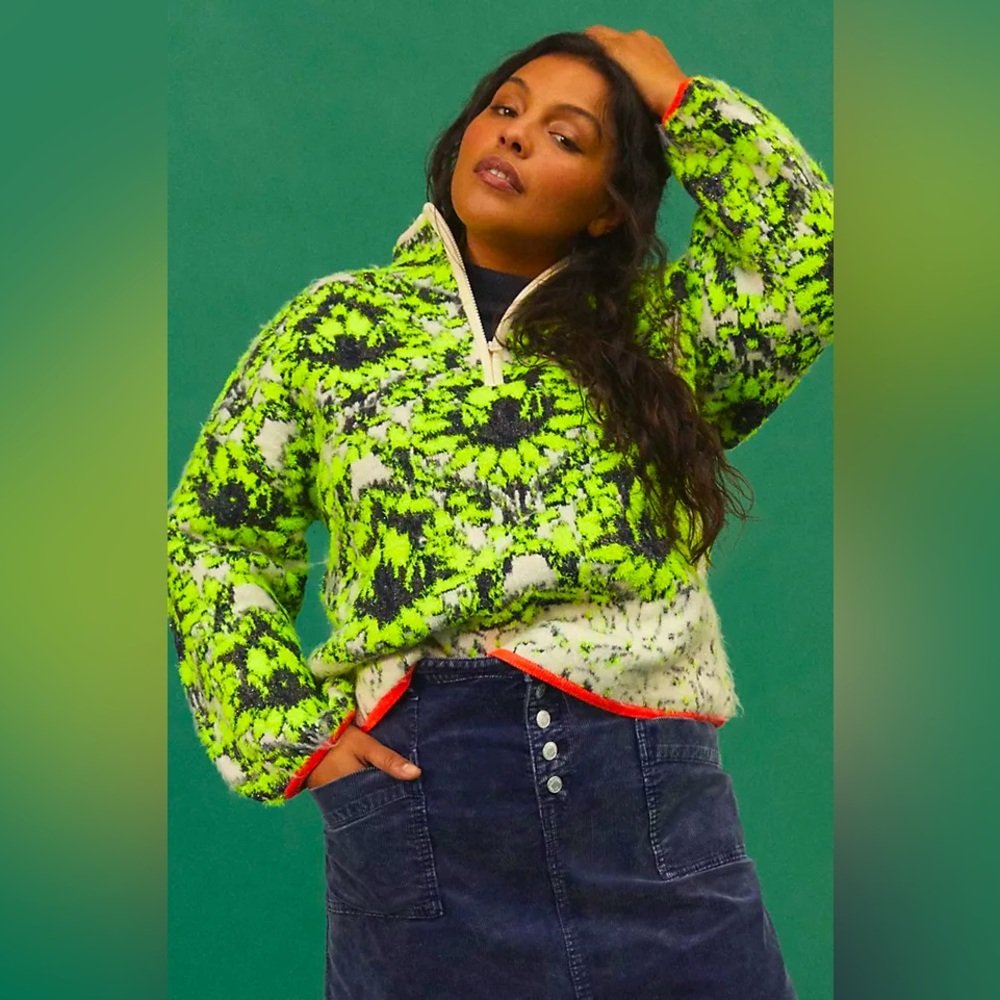 ANTHROPOLOGIE Cristina Fuzzy Neon Fleece Half Zip Pullover Sweater Sweatshirt - Picture 7 of 16